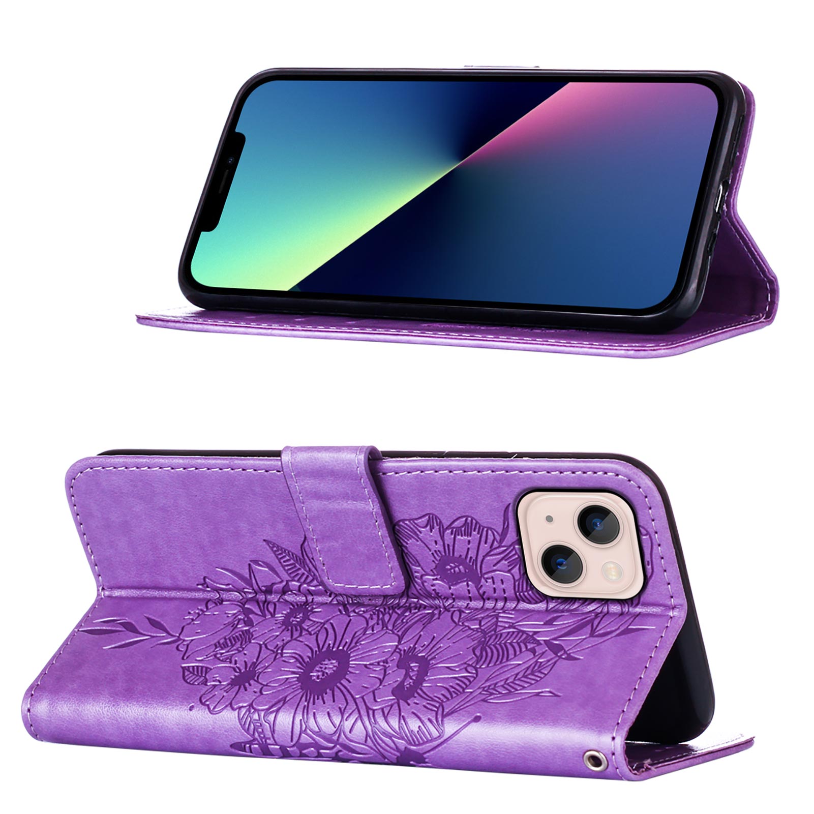YB Imprinting Series-4 For iPhone 15 Plus Wallet Butterfly Flower Imprinted Cover PU Leather Stand Phone Case with Hand Strap - Purple YB Imprinting Series-4 For iPhone 15 Plus Wallet Butterfly Flower Imprinted Cover PU Leather Stand Phone Case with Hand Strap - Purple